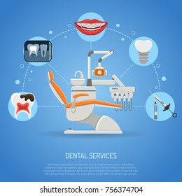 Dental Services Concept with flat icons dentist chair, braces, x-ray, cartridge syringe, carpula and implant. Vector illustration