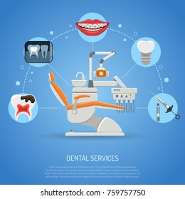 Dental Services Concept with flat icons dentist chair, braces, x-ray, cartridge syringe, carpula and implant. vector illustration