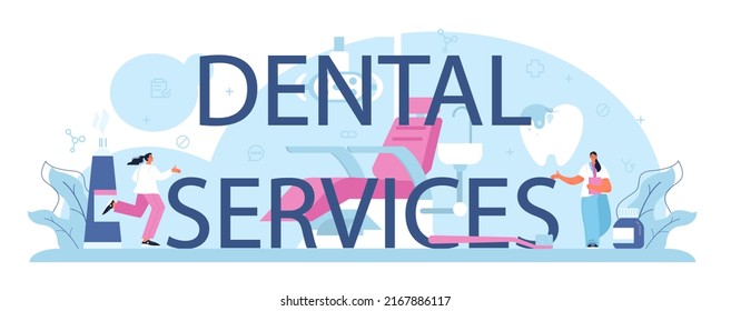 Dental services concept typographic header. Dentist in uniform treating human teeth using medical equipment. Idea of dental and oral care. Caries treatment. Flat vector illustration