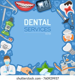 Dental Services Dentistry Hygiene banner and frame with flat icons dentist chair, braces, x-ray, cartridge syringe, implant, Dentist tools and tooth rinse. isolated vector illustration