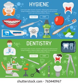 Dental Services Dentistry Hygiene banner and infographics with flat icons dentist chair, braces, x-ray, cartridge syringe, implant and tooth rinse. Isolated vector illustration