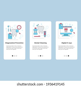 Servicios dentales. Diagnóstico y preventivo, limpieza dental, radiografía digital. Plantilla de vectores para sitio web, sitio web móvil, página de inicio, ui.