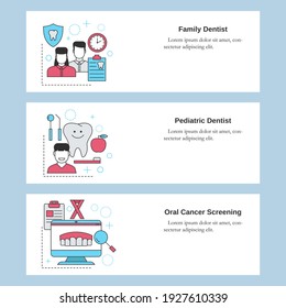 Dental Services. Family Dentist, Pediatric Dentist, Oral Cancer Screening. Vector Template For Website, Mobile Website, Landing Page, Ui.