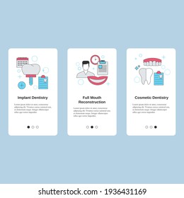 Dental services. Implant dentistry, Full mouth reconstruction, Cosmetic dentistry. Vector template for website, mobile website, landing page, ui.