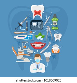 Dental Services Infographics with Oral Hygiene and Dental Clinic. Icons in Flat Style Doctor, Dentist Chair, Tooth and Braces. Vector illustration