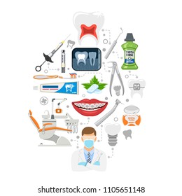 Dental Services Infographics with Oral Hygiene and Dental Clinic. Icons in Flat Style Doctor, Dentist Chair, Tooth and Braces. Isolated vector illustration