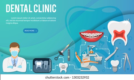 Dental Services Infographics with Oral Hygiene and Dental Clinic. Icons in Flat Style Doctor, Dentist Chair, Tooth and Braces. vector illustration