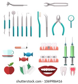 Dental services objects. Dental cleaning and care tools. Stomatology and orthodontics instruments and tools. Bad and good habits. Medical, stomatology vector objects.