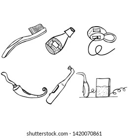 Dental services objects isolated on black background . Doodle style dental cleaning and care tools. Outline stomatology and instruments and tools. Medical, stomatology hand drawn vector objects.