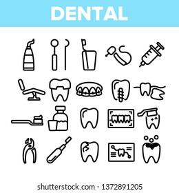 Dental Services, Stomatology Linear Vector Icons Set. Dentistry Clinic Thin Line Symbols Pack. Dentist Equipment Pictograms. Oral Cavity Treatment, Teeth Cure. Orthodontics Tools Outline Illustrations