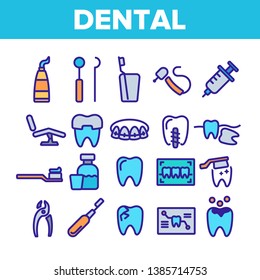 Dental Services, Stomatology Linear Vector Icons Set. Dentistry Clinic Thin Line Symbols Pack. Dentist Equipment Pictograms. Oral Cavity Treatment, Teeth Cure. Orthodontics Tools Outline Illustrations