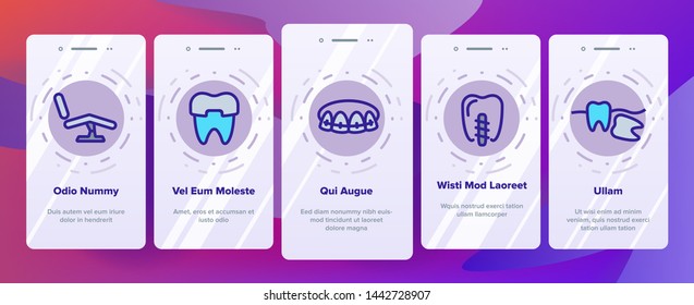 Dental Services, Stomatology Linear Vector Onboarding Mobile App Page Screen. Dentistry Clinic Thin Line. Dentist Equipment. Oral Cavity Treatment, Teeth Cure. Orthodontics Tools Illustrations