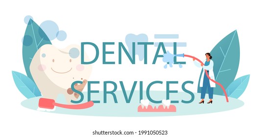 Dental services typographic header. Dentist in uniform treating human teeth using medical equipment. Idea of dental and oral care. Caries treatment. Flat vector illustration