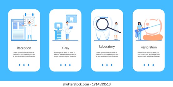 Dental services vector concept for app, social stories. Tiny dentists make x-ray scan of teeth. Whiten enamel or recovery implant concept. Professionals of odontology work, treat illness tooth. 