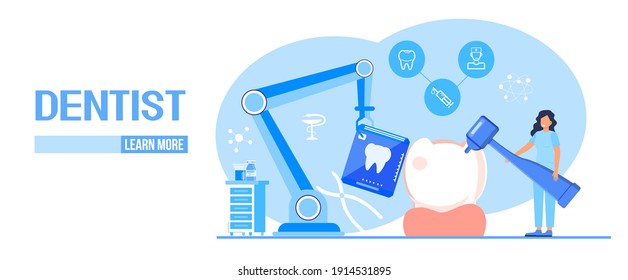 Dental services vector concept for landing page. Dentists make x-ray scan of teeth to help toothache, to whiten enamel or recovery implant. Professionals of odontology work, treat illness tooth. 