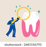 Dental services vector concept. Man holding magnifying glass checking huge tooth. Colorful vector illustration

