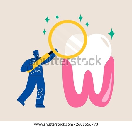 Dental services vector concept. Man holding magnifying glass checking huge tooth. Colorful vector illustration

