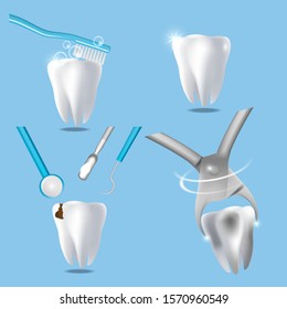 Dental services, vector isolated illustration. White brilliant healthy tooth, dental treatment, tooth extraction and toothbrushing procedures. Dentistry concept for poster, banner, website page etc.