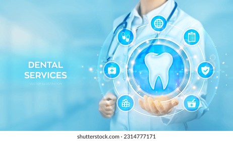 Servicios dentales. Concepto de odontología. Seguro dental. Cuidado dental, cuidado de los dientes. Médico manteniendo en mano la conexión de red de iconos de los dientes y de la medicina en pantalla virtual. Ilustración vectorial.