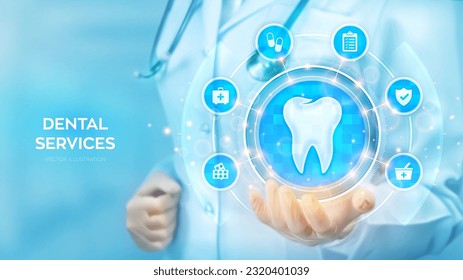 Dental servises. Dentistry concept. Dental insurance. Dental care, taking care of teeth. Doctor holding in hand tooth icon and medicine icons network connection on virtual screen. Vector illustration.