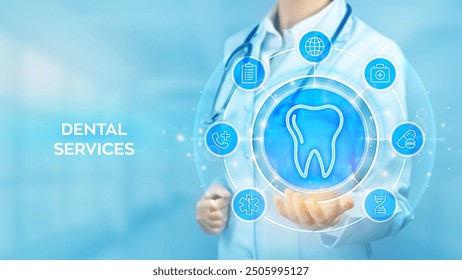 Servicios dentales. Concepto de odontología. Seguro dental. Cuidado dental, cuidado de los dientes. Médico que sostiene en la mano el icono del diente y la conexión de red de los iconos de la medicina en la pantalla virtual. Ilustración vectorial.