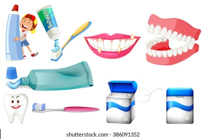 Dental set with boy and clean teeth illustration