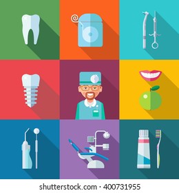 Dental set of flat icons. Tooth, dental floss, dental drill, a syringe,
dentures, dentist, smile, apple, dental rinse, mirror, dentist's chair, toothpaste, toothbrush. eps8