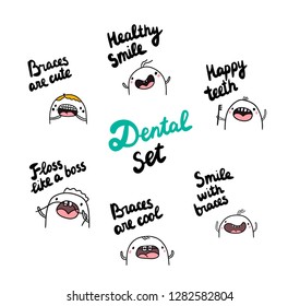 Dental set hand drawn illustrations with cute marshmallow wearing braces and cleaning teeth