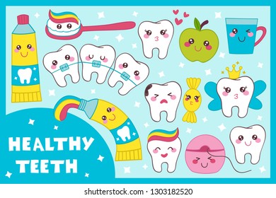 dental set with healthy teeth - vector illustration, eps
