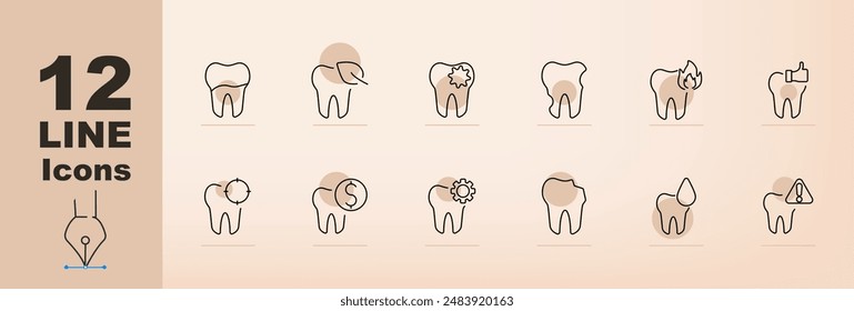 Icono de set dental. Diente, hilo dental, chispa, llama, pulgares hacia arriba, engranaje, dólar, gota de agua, advertencia, cuidado dental, higiene bucal, salud dental, servicios dentales, iconos dentales