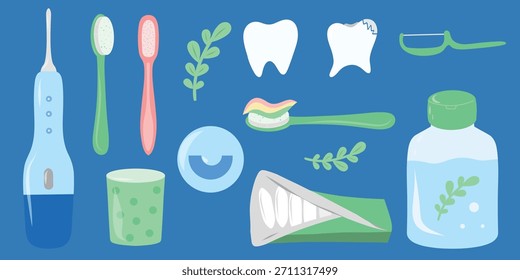 Conjunto de iconos dentales, taza de hilo dental de pasta de cepillo. Conjunto de iconos de higiene oral, esenciales dentales. Ilustración de kit de atención médica, cepillo de dientes y herramientas