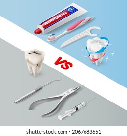 Dental set of instruments at the dentist on a blue and gray background. Healthy lifestyle concept.Choosing healthy teeth or caries.