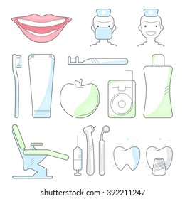 Dental set. Teeth care concept. Dentist tools treatment and hygiene. Vector illustration. 