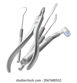 Dental set of tools at the dentist on a white background. Metal tools for the for dental treatment.