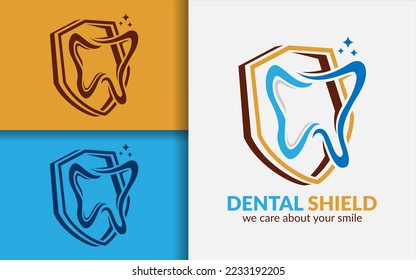 Dental Shield Logo Design. Modern Dental Logo with Teeth and Abstract Shield Badge Combination Concept.