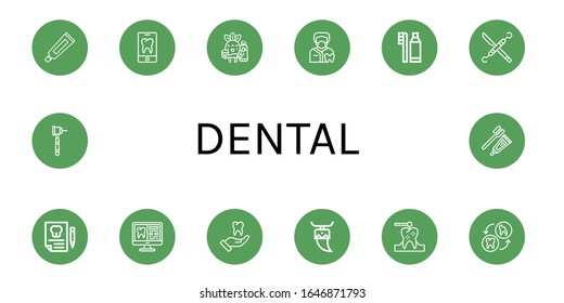 dental simple icons set. Contains such icons as Toothpaste, Tooth, Toothbrushing, Dentist, Dental hygiene, Dentist tools, Dental insurance, can be used for web, mobile and logo