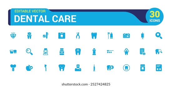 Dental solid icon set. Related to tooth, dentist, toothpaste and more. Glyph icon collection for web and ui. Filled icons pack, Vector illustration. Editable and pixel perfect.