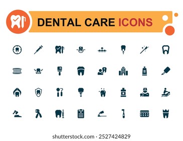 Dental solid icon set. Related to tooth, dentist, toothpaste and more. Glyph icon collection for web and ui. Filled icons pack, Vector illustration. Editable and pixel perfect.