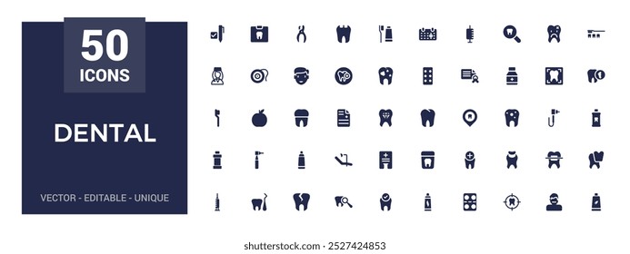 Dental solid icon set. Related to tooth, dentist, toothpaste and more. Glyph icon collection for web and ui. Filled icons pack, Vector illustration. Editable and pixel perfect.