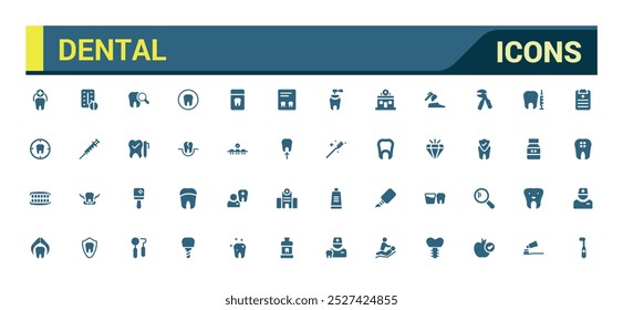 Dental solid icon set. Related to tooth, dentist, toothpaste and more. Glyph icon collection for web and ui. Filled icons pack, Vector illustration. Editable and pixel perfect.