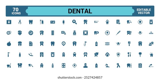 Dental solid icon set. Related to tooth, dentist, toothpaste and more. Glyph icon collection for web and ui. Filled icons pack, Vector illustration. Editable and pixel perfect.