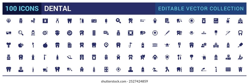 Dental solid icon set. Related to tooth, dentist, toothpaste and more. Glyph icon collection for web and ui. Filled icons pack, Vector illustration. Editable and pixel perfect.