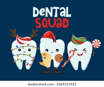 Dental squad - Tooth team characters in kawaii style. Hand drawn teeth with funny clothes. Good for school prevention poster, greeting card, banner, textile.