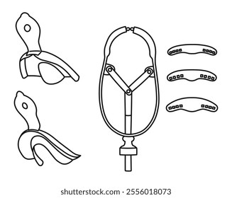 Dental stainless steel matrix holder, matrices for contour fillings, impression trays for jaws, dental equipment, dental oral tool, dentist tool silhouette sketch