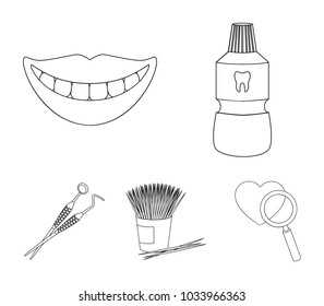 Dental sterile liquid in the jar, lips, teeth, toothpicks in the jar, medical instruments for the dentist. Dental care set collection icons in outline style vector symbol stock illustration web.