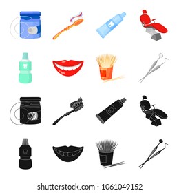 Dental sterile liquid in the jar, lips, teeth, toothpicks in the jar, medical instruments for the dentist. Dental care set collection icons in black,cartoon style vector symbol stock illustration web.