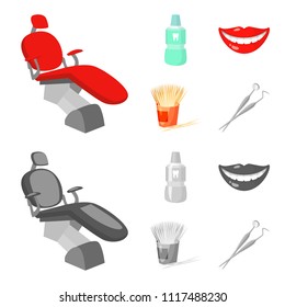 Dental sterile liquid in the jar, lips, teeth, toothpicks in the jar, medical instruments for the dentist. Dental care set collection icons in cartoon,monochrome style vector symbol stock illustration