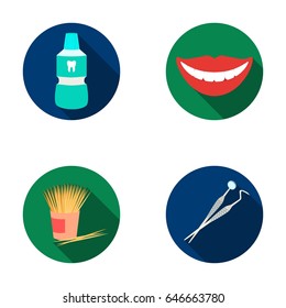 Dental sterile liquid in the jar, lips, teeth, toothpicks in the jar, medical instruments for the dentist. Dental care set collection icons in flat style vector symbol stock illustration web.