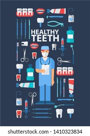 Dental, stomatological equipment banner, poster vector illustration. Dentist in uniform. Dentistry technology products, professional tools, medical supplies. Healthy teeth. Medical care.