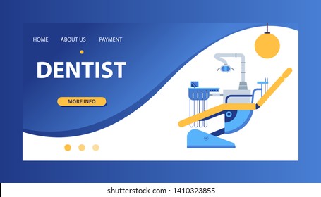 Dental, stomatological equipment banner, poster, brochure vector illustration. Dentistry technology products, professional tools, medical supplies. Dentall office with chair. Website design.